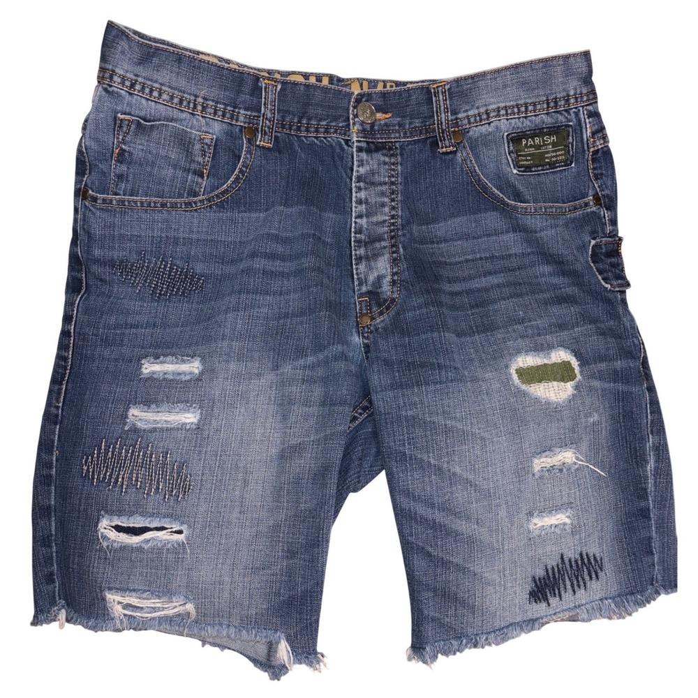 Parish Nation Mens Distressed Denim Shorts Blue Size 36 Raw Hem Embroidered‎